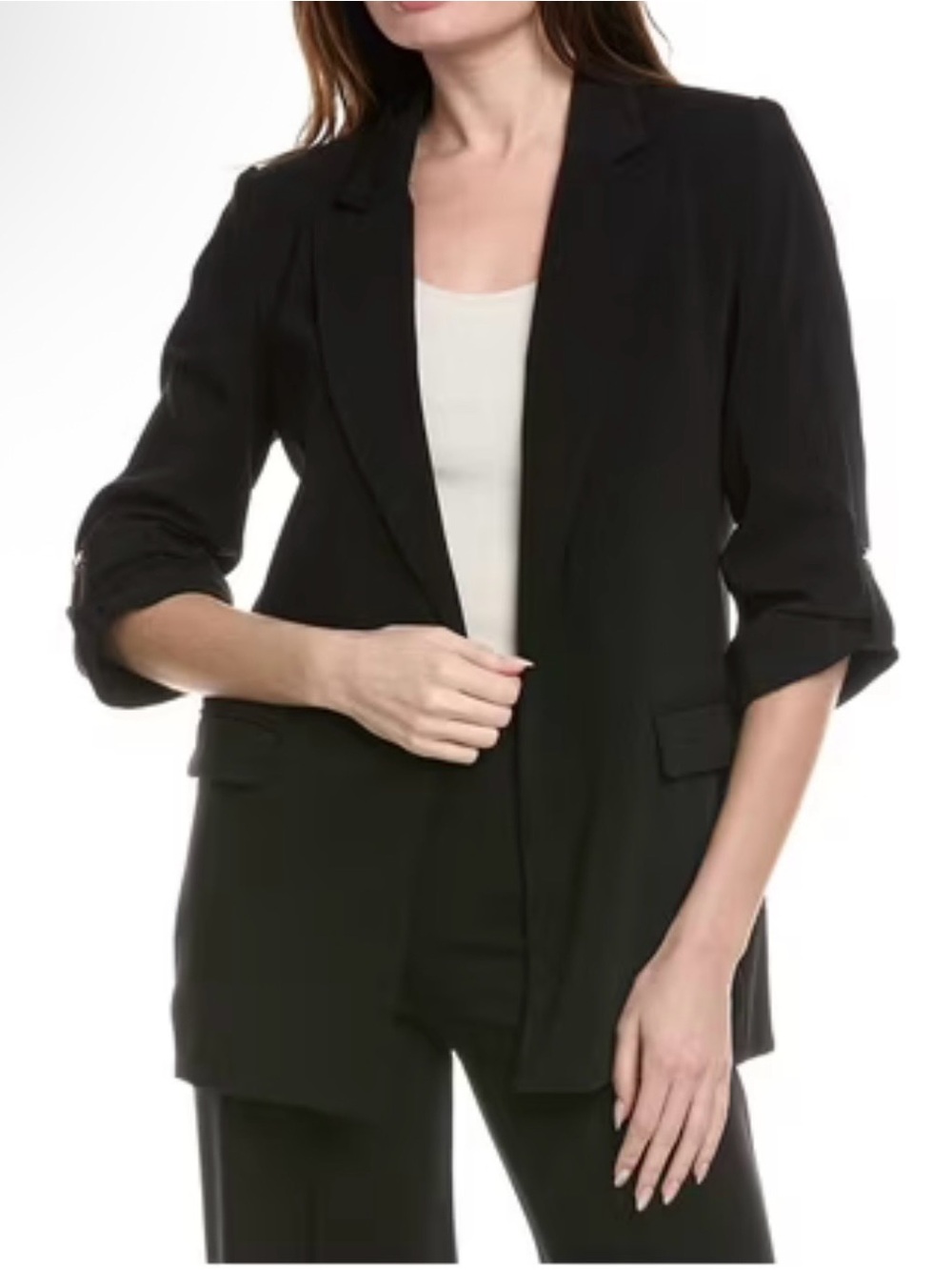 Philosophy Black Open-Front Blazer with Roll-Tab Sleeves Gold Button Size Medium